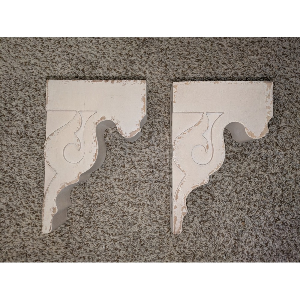 Pair of Distressed White Scroll Vintage inspired Corbels Shelf Brackets